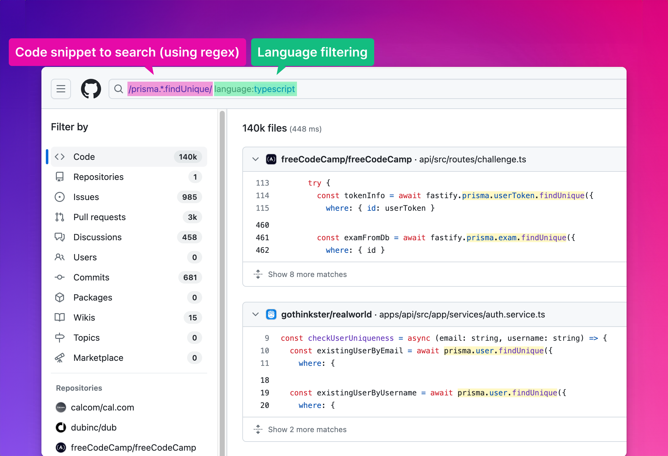 Regex GitHub code searching